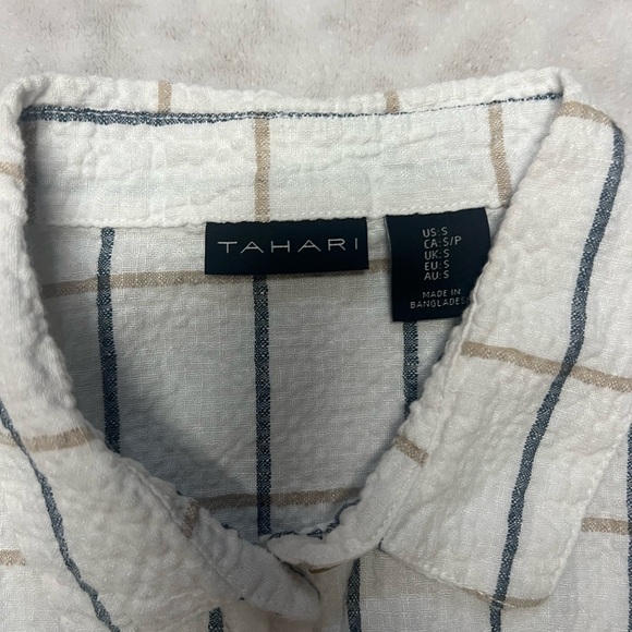 Tahari White Plaid Linen Cotton Blend Button Down Top - Picture 2 of 6